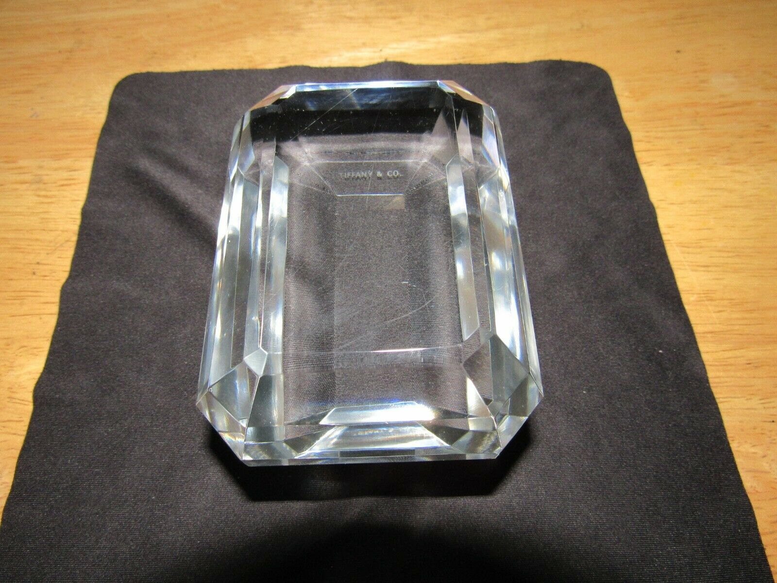 TIFFANY & CO Faceted Emerald Cut Diamond Crystal Paperweight