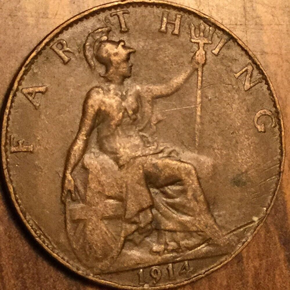 1914 UK GB GREAT BRITAIN FARTHING COIN