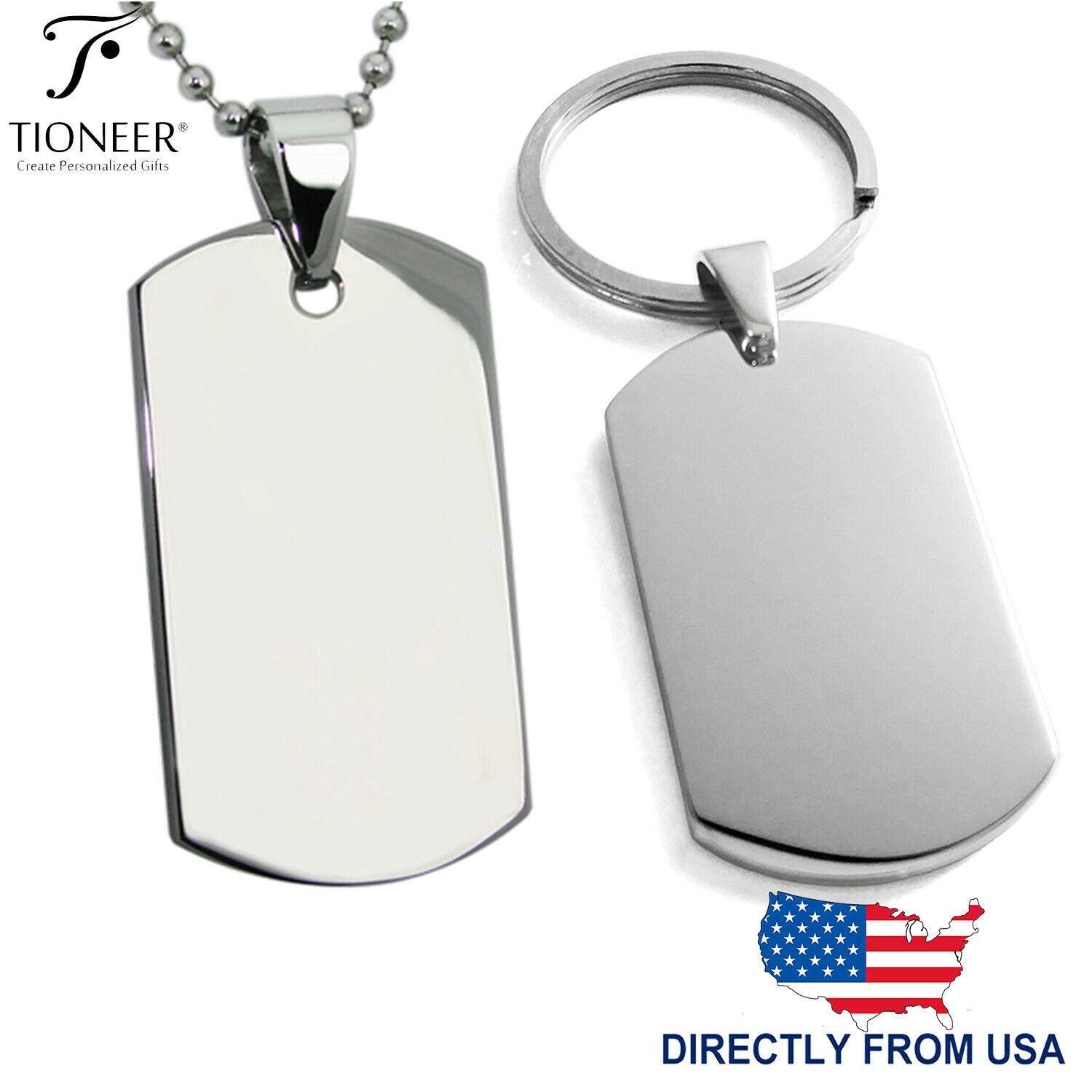 Stainless Steel Classic Plain Dog Tag Pendant Necklace or Keychain FREE ENGRAVE