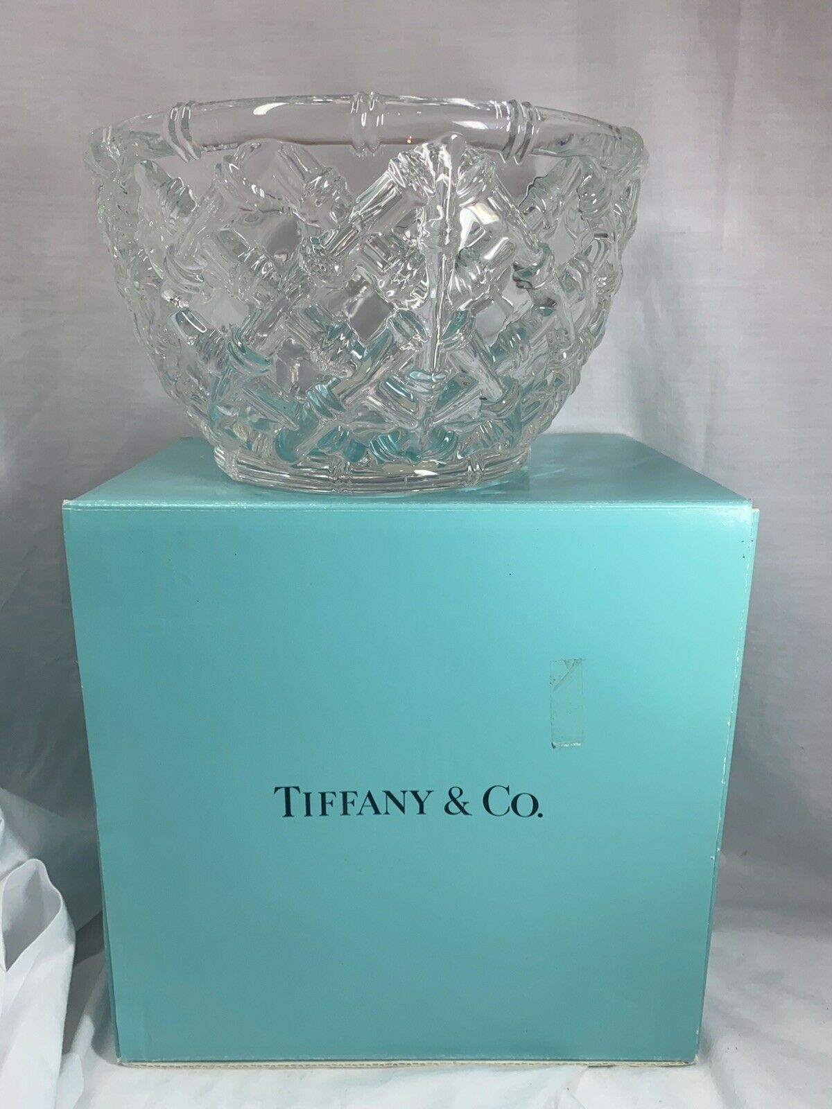 Vintage Tiffany & Co 9” Crystal Glass Bamboo Bowl W/ Label & Box