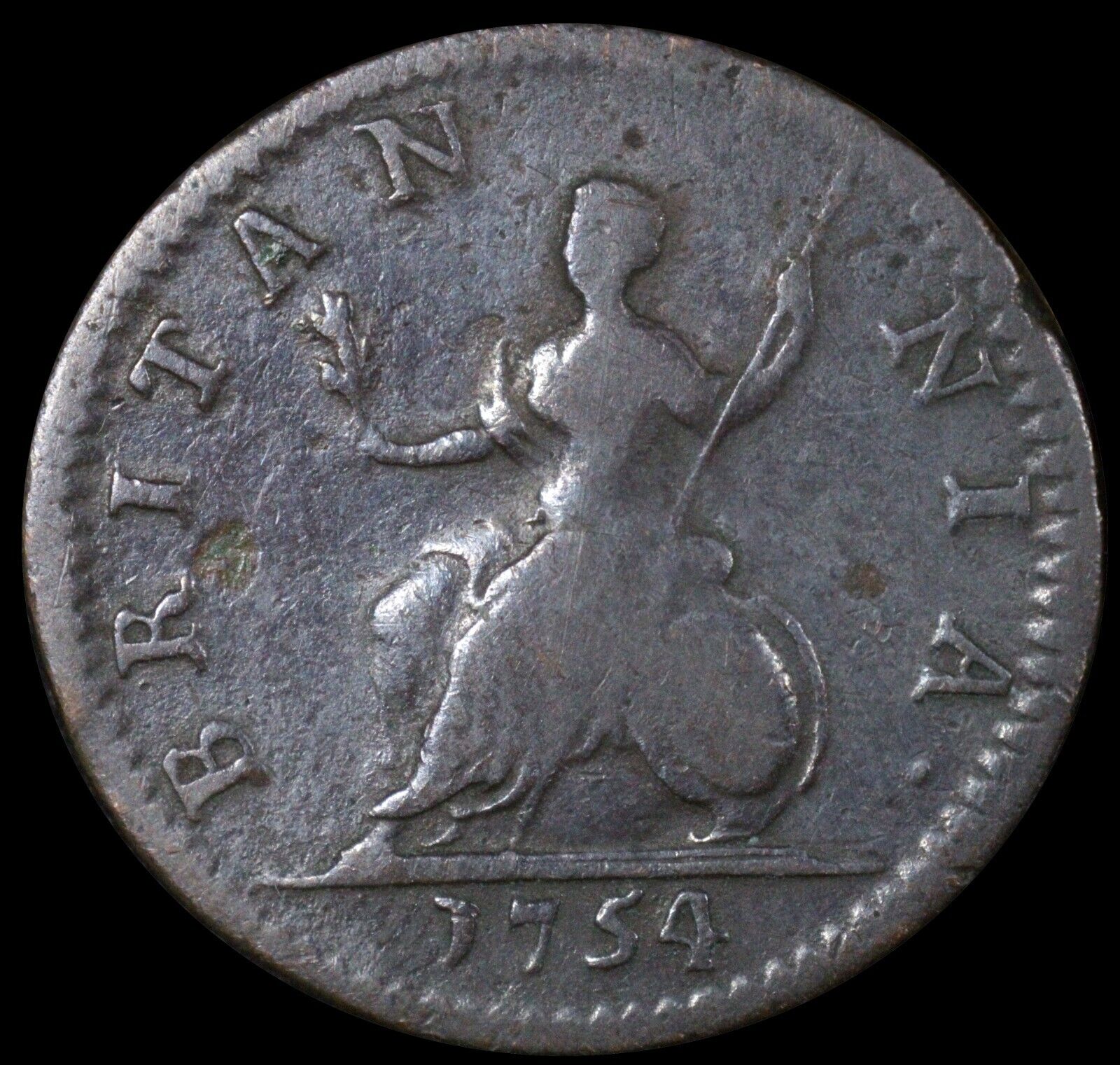 1754 Great Britain George Ii Copper Farthing Gv