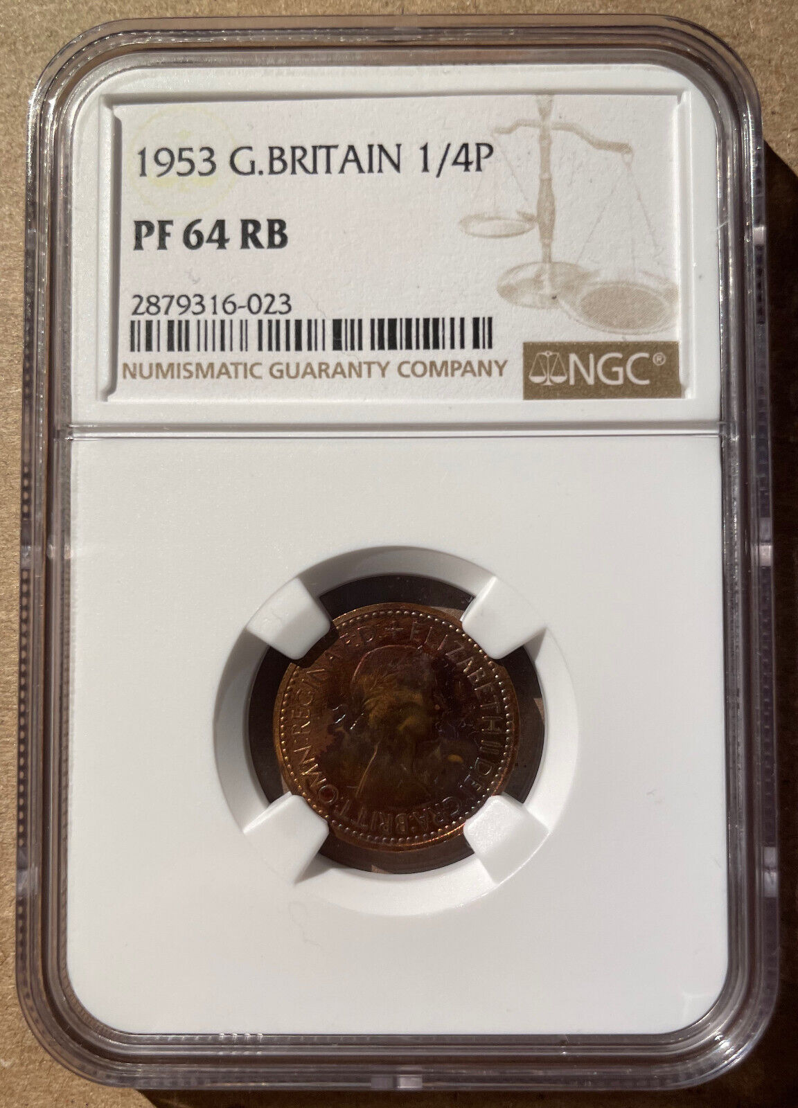 1953 GREAT BRITAIN 1/4 PENNY NGC PF 64 RB - PROOF - FARTHING!